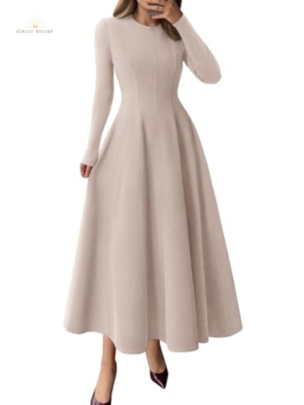 Women's Long Sleeve A-Line Midi Cocktail Dress Fit & Flare Elegant